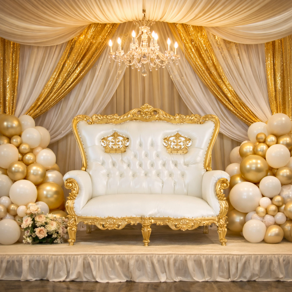 Gold & white throne loveseat with balloon garland and draping backdrop