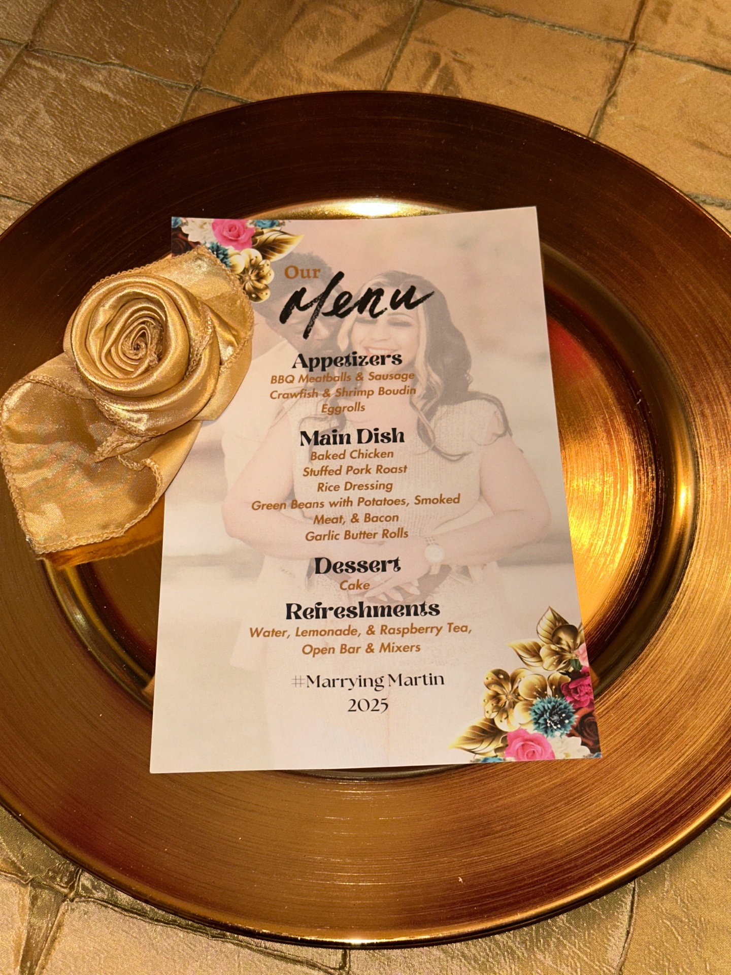 Custom wedding menu card with gold charger plate