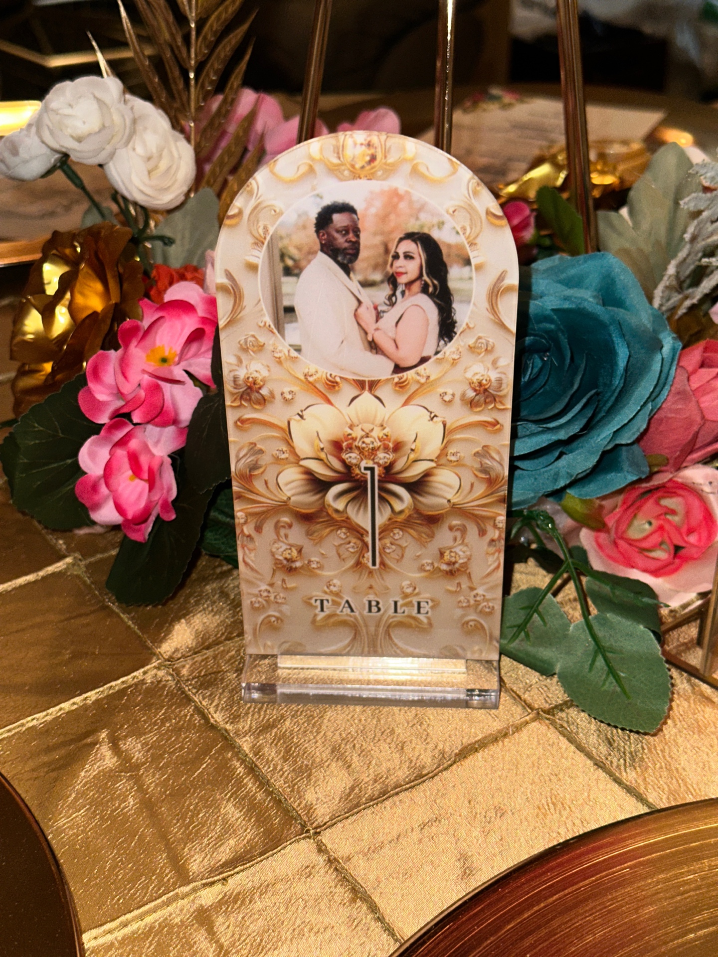 Custom photo table number card with floral centerpiece