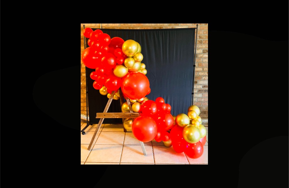 Red and gold balloon arch collage